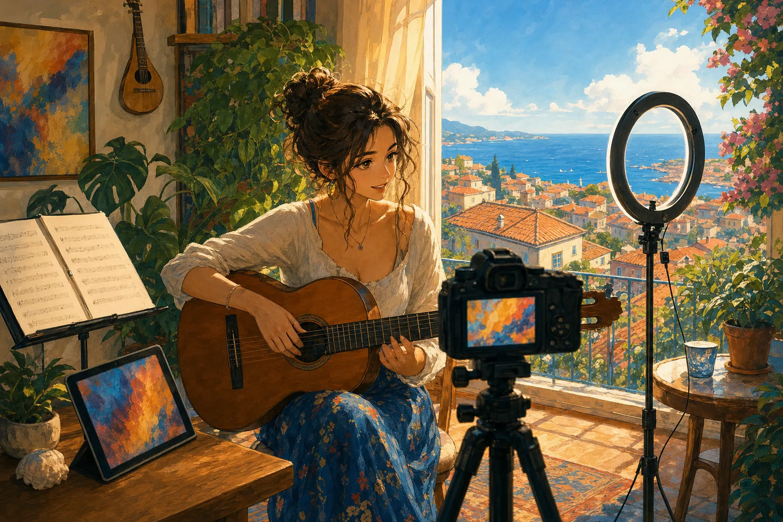 A music teacher in a sunny apartment records a guitar lesson to a camera on a tripod, with the town's rooftops and the sea behind her.