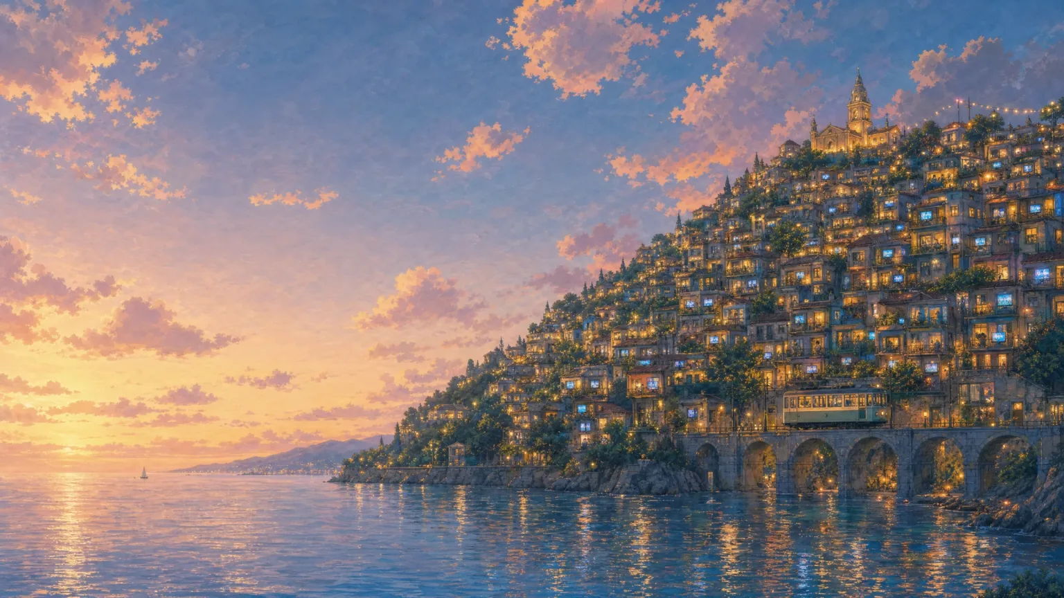 A hillside town at dusk with every window lit, above a calm sea and a stone viaduct.