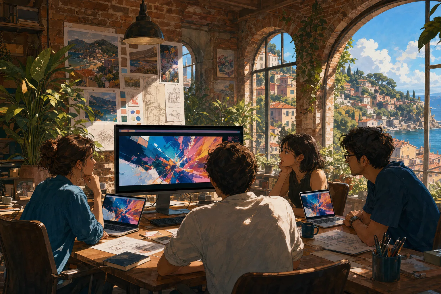 A small creative team in a bright loft studio gathers around a large monitor to review a launch film.
