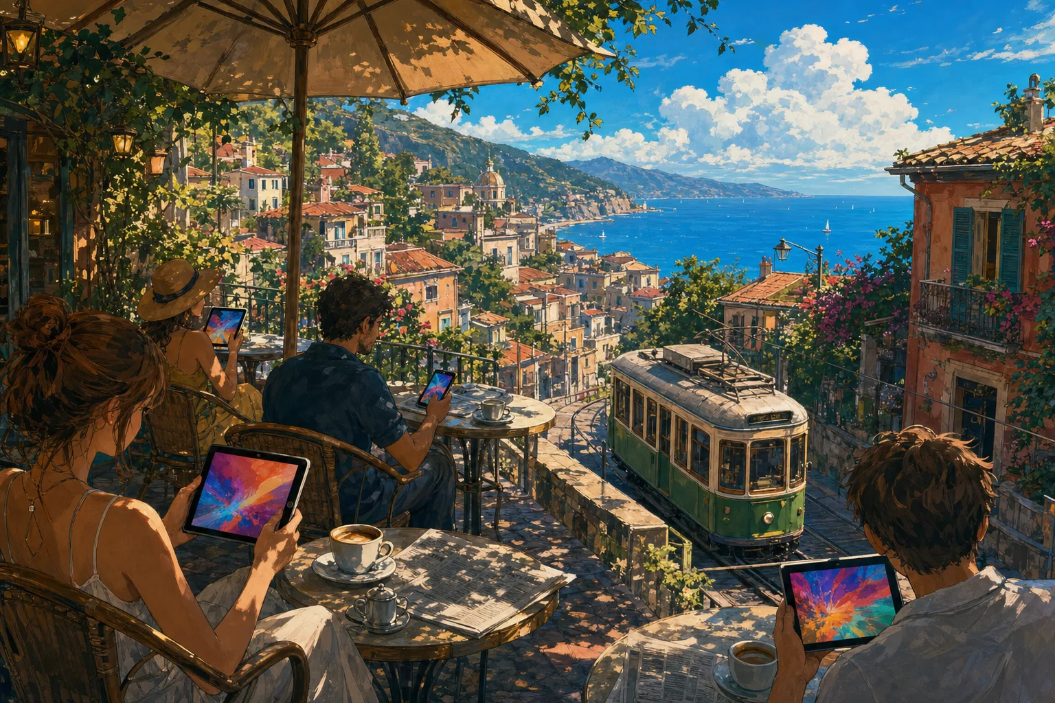 People on a sunny café terrace watch short videos on phones and tablets while a green tram passes below.