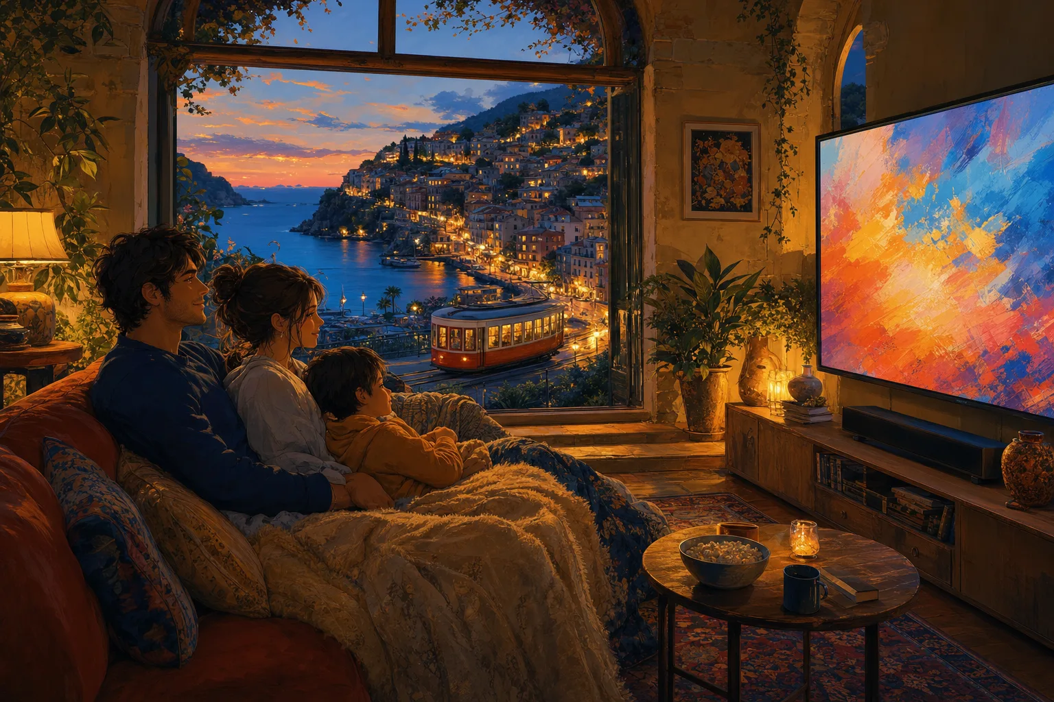 A family on a sofa under blankets, watching a film on a large TV, with the lit town and the sea at dusk through the window.